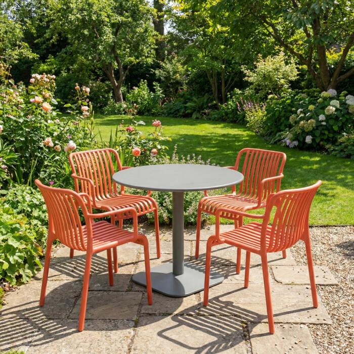 Albin 80 Round Table Nickel Grey With 4 Alma Armchair Chilli Set picture 01 a garden lifestyle image