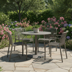 Albin 80 Round Table Nickel Grey With 4 Alma Armchair Nickel Grey Set picture 01 a garden lifestyle image