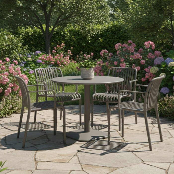 Albin 80 Round Table Nickel Grey With 4 Alma Armchair Nickel Grey Set picture 01 a garden lifestyle image