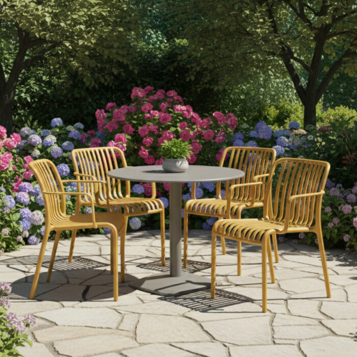 Albin 80 Round Table Nickel Grey With 4 Alma Armchair Saffron Set picture 01 a garden lifestyle image