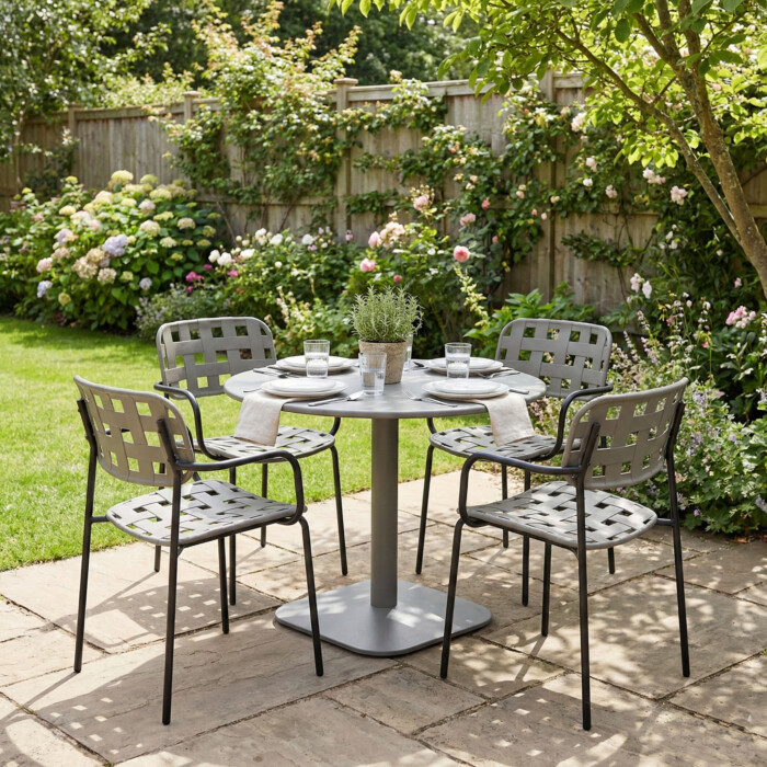Albin 80 Round Table Nickel Grey With 4 Karin Armchair Grey Black Set picture 01 a garden lifestyle image