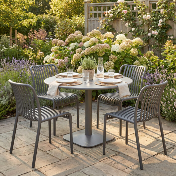 Albin 80 Round Table Nickel Grey With 4 Mia Bistro Chair Nickel Grey Set picture 01 a garden lifestyle image