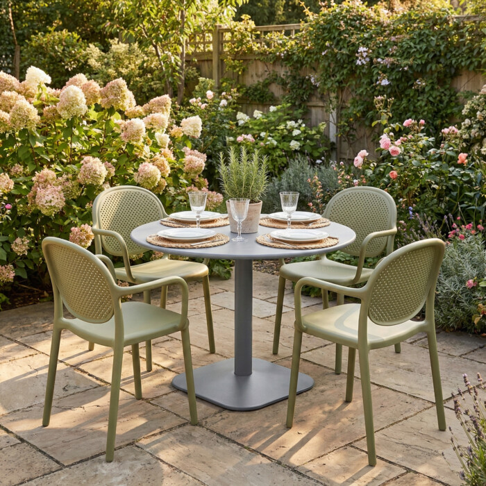 Albin 80 Round Table Nickel Grey With 4 Stina Armchair Avocado Set picture 01 a garden lifestyle image