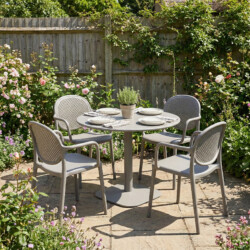 Albin 80 Round Table Nickel Grey With 4 Stina Armchair Nickel Grey Set picture 01 a garden lifestyle image