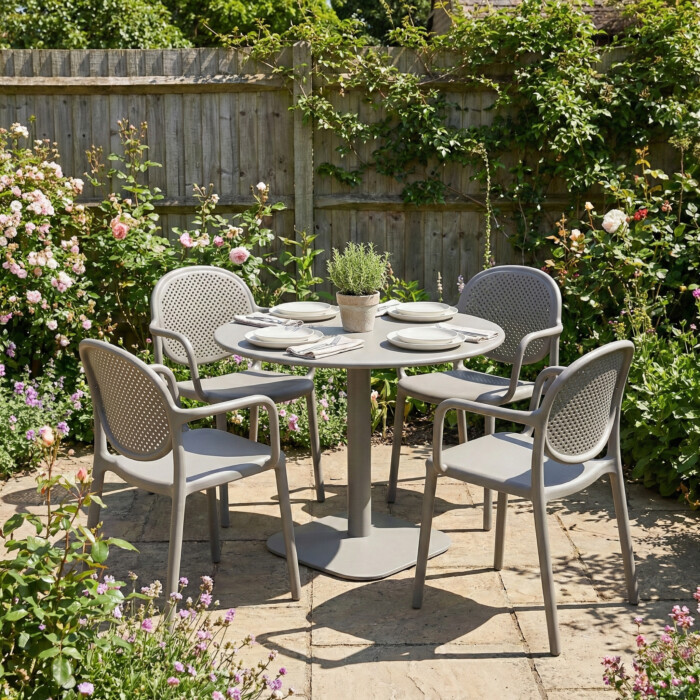 Albin 80 Round Table Nickel Grey With 4 Stina Armchair Nickel Grey Set picture 01 a garden lifestyle image