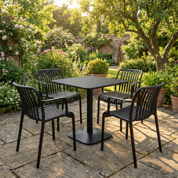 Albin 80 Square Table Black With 4 Alma Armchair Black Set picture 01 a garden lifestyle image
