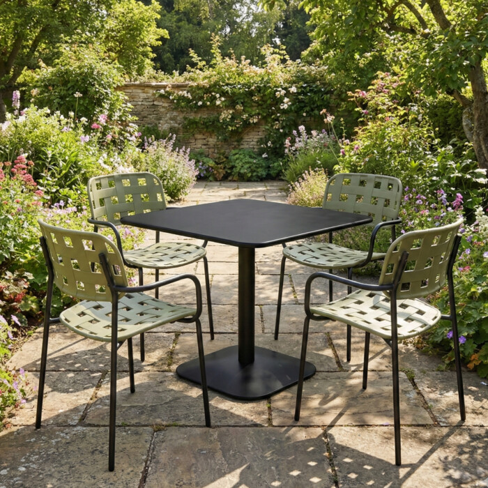 Albin 80 Square Table Black With 4 Karin Armchair Avocado Black Set picture 01 a garden lifestyle image