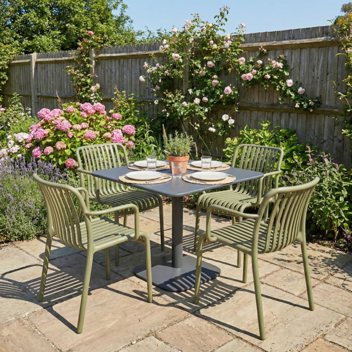 Albin 80 Square Table Nickel Grey With 4 Alma Armchair Avocado Set picture 01 a garden lifestyle image