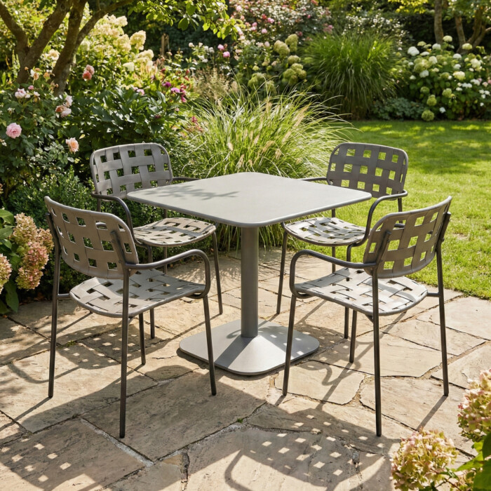 Albin 80 Square Table Nickel Grey With 4 Karin Armchair Grey Black Set picture 01 a garden lifestyle image
