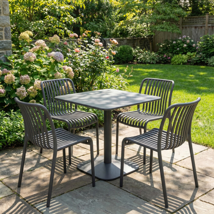 Albin 80 Square Table Nickel Grey With 4 Mia Bistro Chair Nickel Grey Set picture 01 a garden lifestyle image