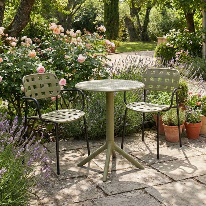 Bergen Bistro Table Avocado With 2 Karin Armchair Avocado Black Set picture 01 a garden lifestyle image