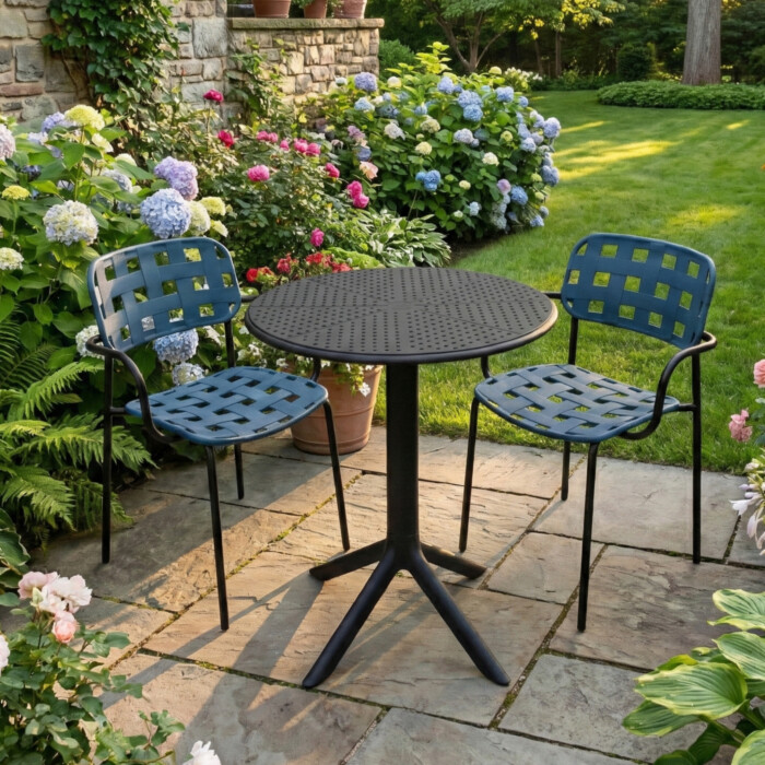 Bergen Bistro Table Black With 2 Karin Armchair Petrol Blue Black Set picture 01 a garden lifestyle image