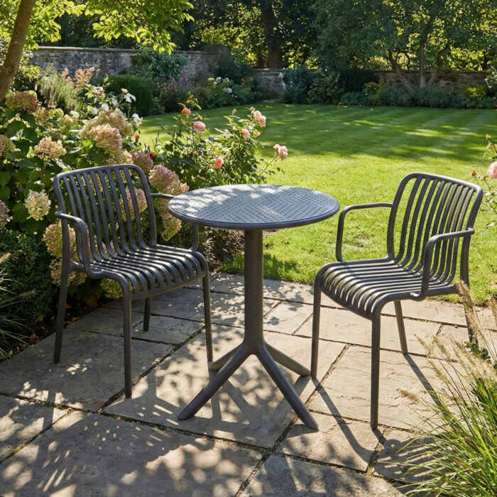 Bergen Bistro Table Nickel Grey With 2 Alma Armchair Nickel Grey Set picture 01 a garden lifestyle image