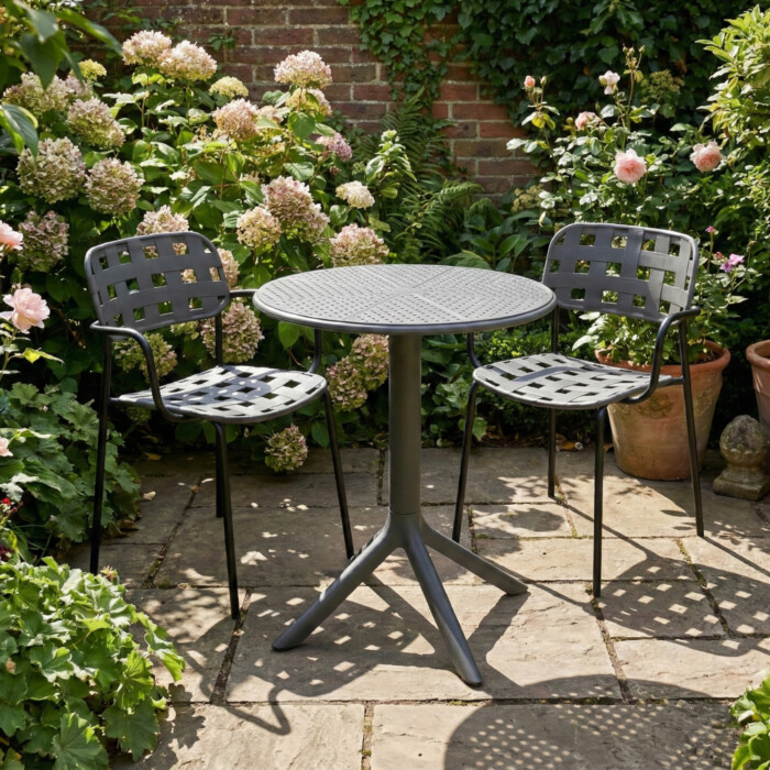 Bergen Bistro Table Nickel Grey With 2 Karin Armchair Grey Black Set picture 01 a garden lifestyle image