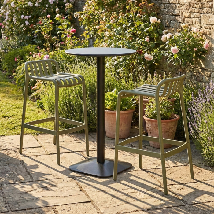 Emil 60 Round 2 Seat Bar Table Black With 2 Elsa Barstool Avocado Set picture 01 a garden lifestyle image