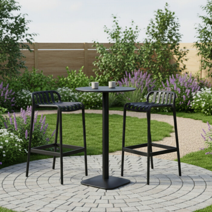 Emil 60 Round 2 Seat Bar Table Black With 2 Elsa Barstool Black Set picture 01 a garden lifestyle image