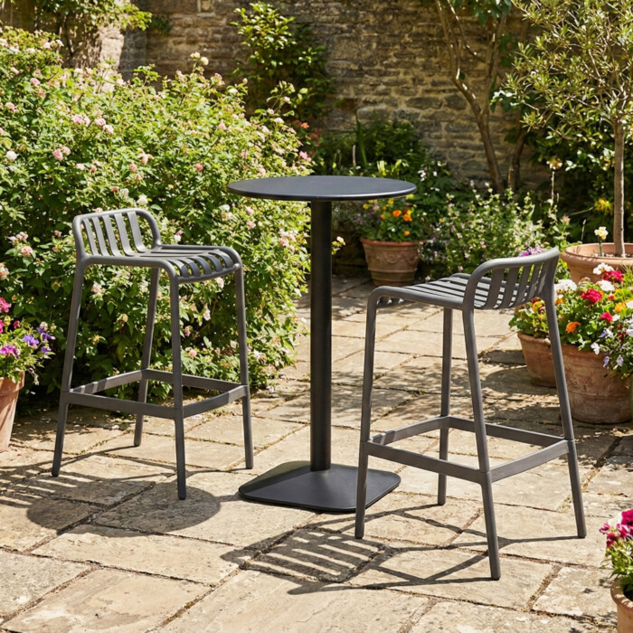 Emil 60 Round 2 Seat Bar Table Black With 2 Elsa Barstool Nickel Grey Set picture 01 a garden lifestyle image