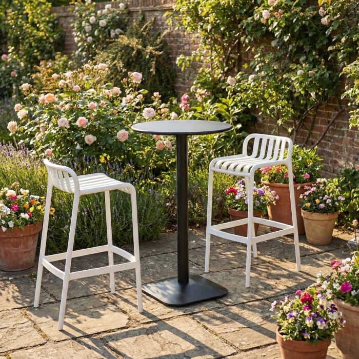Emil 60 Round 2 Seat Bar Table Black With 2 Elsa Barstool Polar White Set picture 01 a garden lifestyle image
