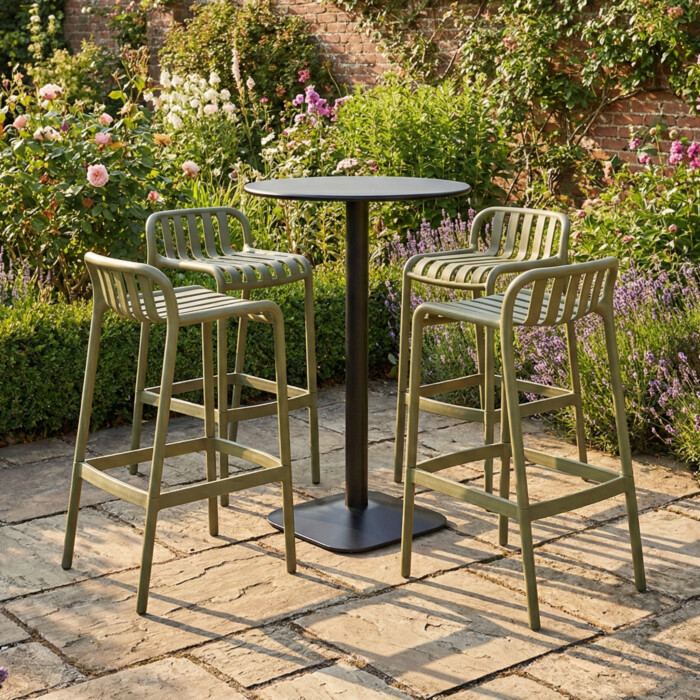 Emil 80 Round 4 Seat Bar Table Black With 4 Elsa Barstool Avocado Set picture 01 a garden lifestyle image