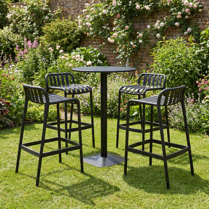 Emil 80 Round 4 Seat Bar Table Black With 4 Elsa Barstool Black Set picture 01 a garden lifestyle image