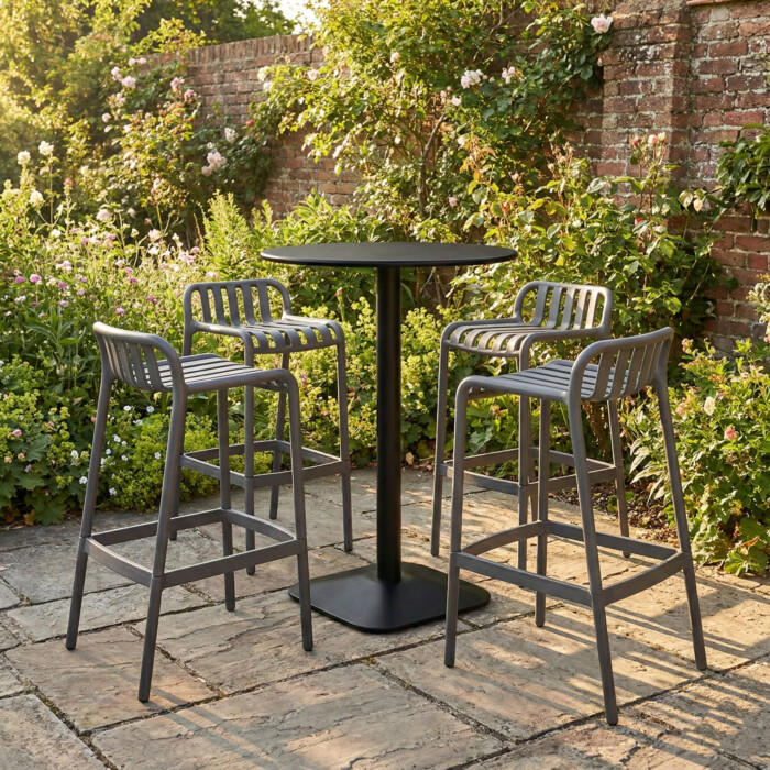 Emil 80 Round 4 Seat Bar Table Black With 4 Elsa Barstool Nickel Grey Set picture 01 a garden lifestyle image