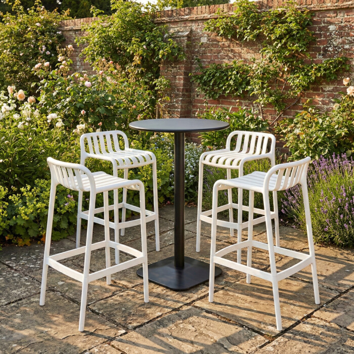 Emil 80 Round 4 Seat Bar Table Black With 4 Elsa Barstool White Set picture 01 a garden lifestyle image