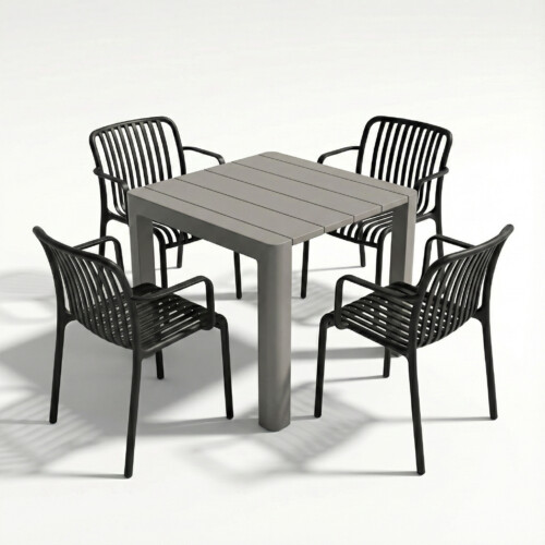 Henrik 100 Dining Table Nickel Grey With 4 Alma Armchair Black Set picture 02 a white background image