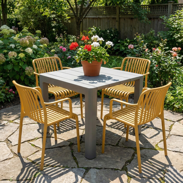 Henrik 100 Dining Table Nickel Grey With 4 Alma Armchair Saffron Set picture 01 a garden lifestyle image