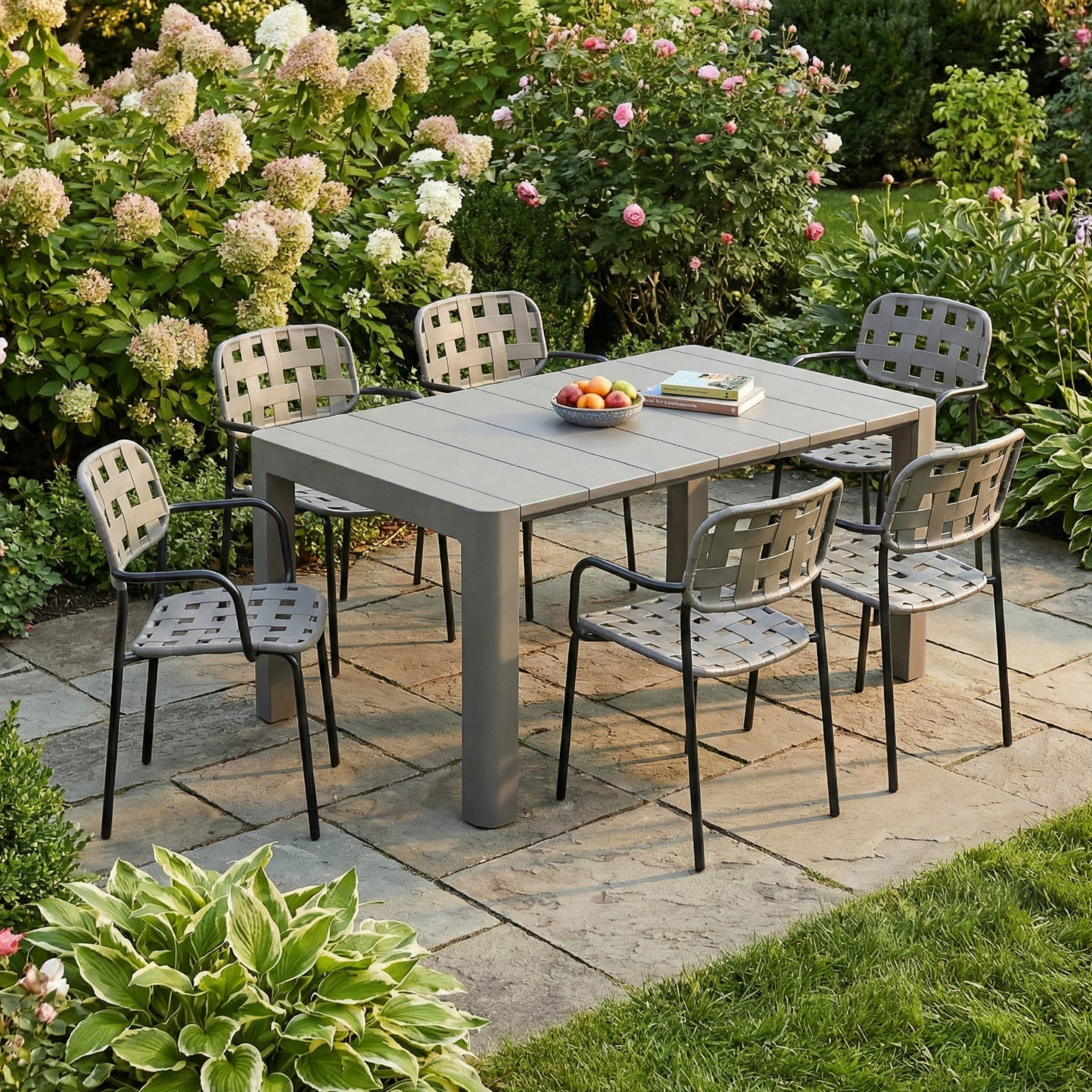 Henrik 140 Dining Table Nickel Grey With 6 Karin Armchair Grey Black Set picture 01 a garden lifestyle image