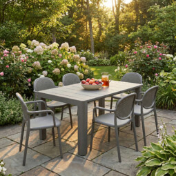 Henrik 140 Dining Table Nickel Grey With 6 Stina Armchair Nickel Grey Set picture 01 a garden lifestyle image