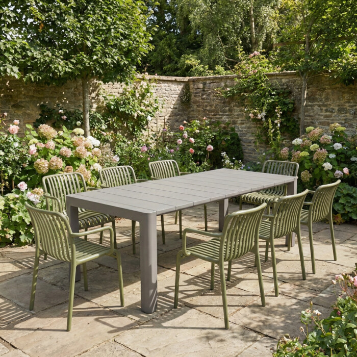 Henrik 220 Dining Table Nickel Grey With 8 Alma Armchair Avocado Set picture 01 a garden lifestyle image