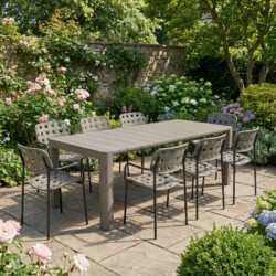 Henrik 220 Dining Table Nickel Grey With 8 Karin Armchair Grey Black Set picture 01 a garden lifestyle image