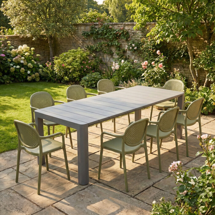 Henrik 220 Dining Table Nickel Grey With 8 Stina Armchair Avocado Set picture 01 a garden lifestyle image