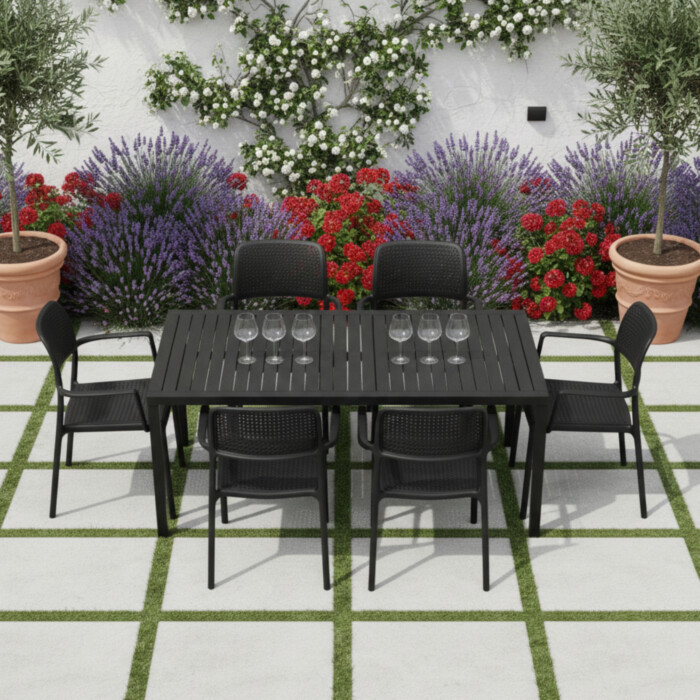 Cube Dining Table With 6 Bora Chair Set Anthracite picture 01 a garden lifestyle image