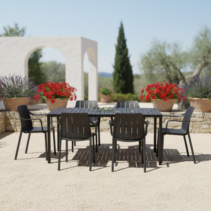 Cube Dining Table With 6 Tiberina Armchair Set Anthracite picture 01 a garden lifestyle image
