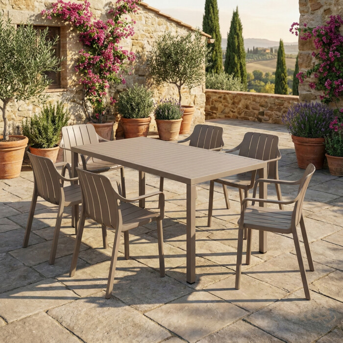 Cube Dining Table With 6 Tiberina Armchair Set Turtle Dove picture 01 a garden lifestyle image
