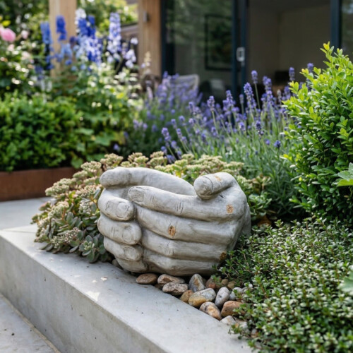 Cupped Hands Planter 19Cm Weathered Light Stone Effect picture 01 a garden lifestyle image