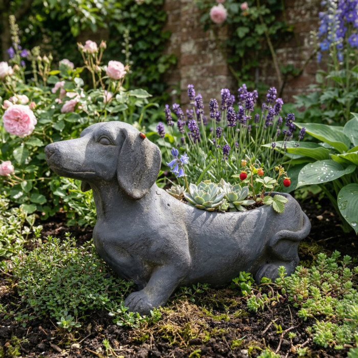 Sausage Dog Planter 30Cm Blue Iron Effect picture 01 a garden lifestyle image
