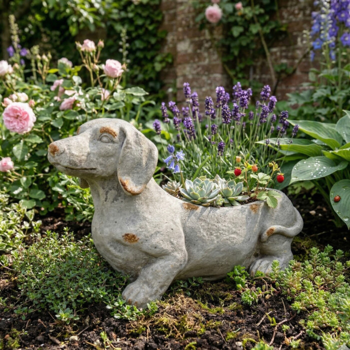 Sausage Dog Planter 30Cm Weathered Light Stone Effect picture 01 a garden lifestyle image