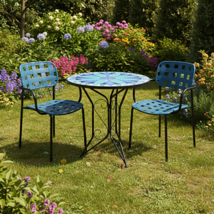 Fleurengo Bistro 60Cm Set with 2 x Karin Blue Black Armchair picture 01 a garden lifestyle image