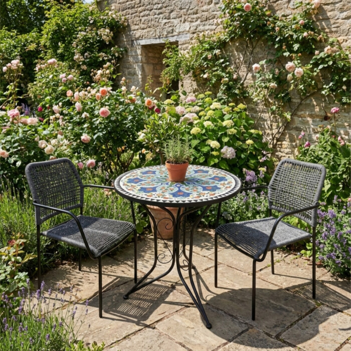 Viana Bistro 60Cm Set with 2 x Rivella Slate Grey Chair picture 01 a garden lifestyle image