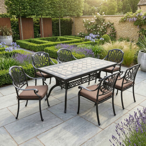 Valluna Rectangular Table With 6 Fleurino Chairs Set picture 01 a garden lifestyle image
